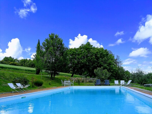 A swimming pool with lounge chairs and a stone wall in the background. - Agriturismo Casa Greppo - Il Noce (San Venanzo)