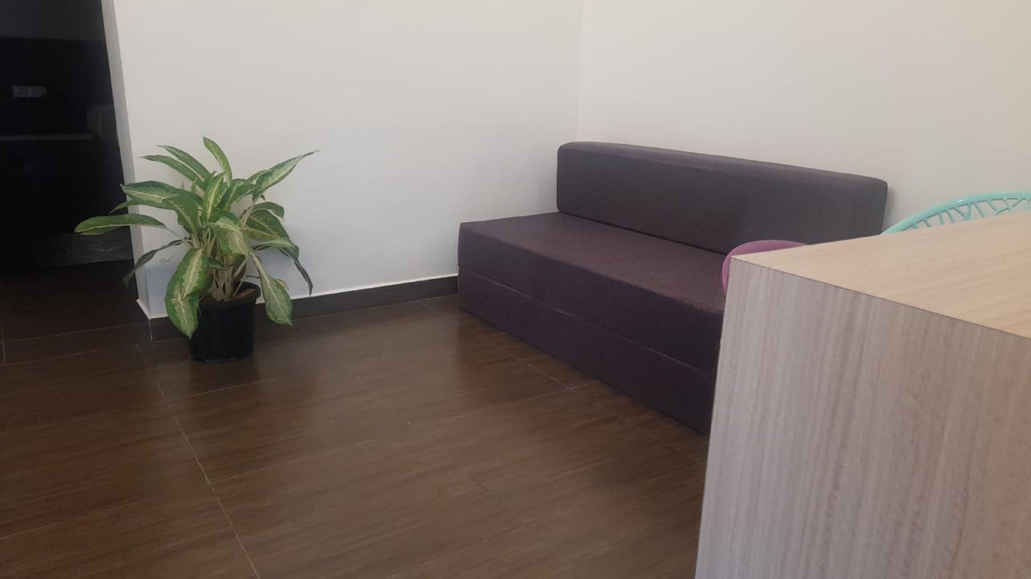 Una habitación moderna con piso de madera oscura, un sofá gris, un escritorio de madera y una planta en maceta.