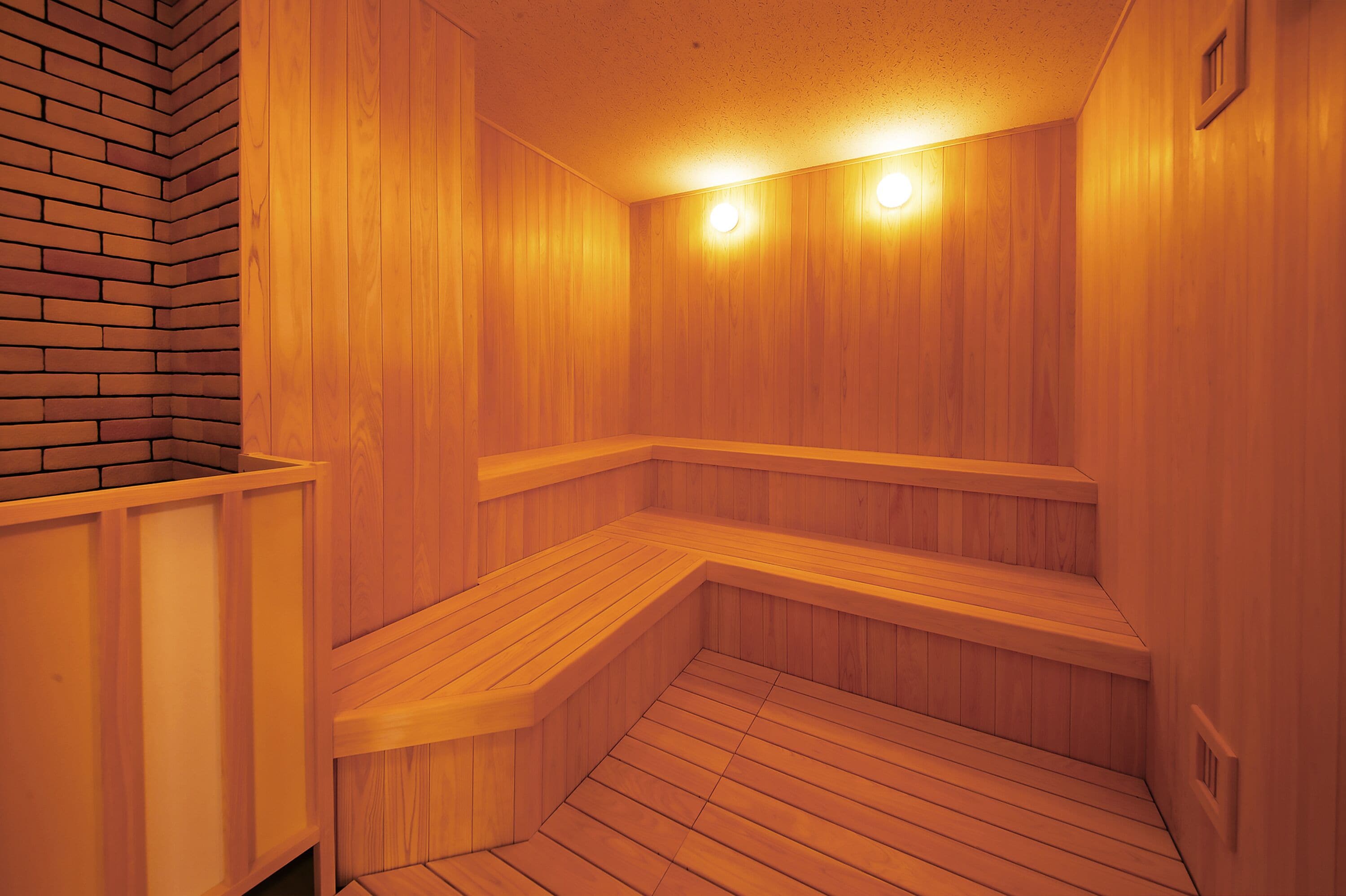 Una sauna con paredes y bancos de madera, equipada con dos luces empotradas.