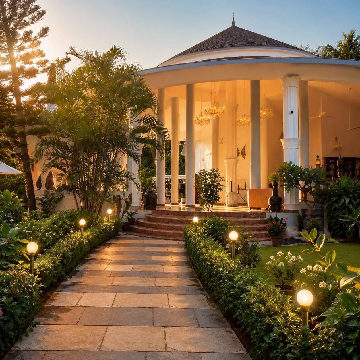 A covered outdoor area with a central column structure, surrounded by a stone pathway and lush greenery.