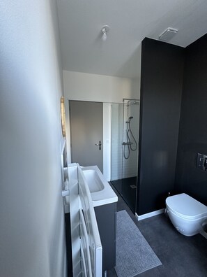 Douche, séchoir à cheveux, serviettes fournies, savon