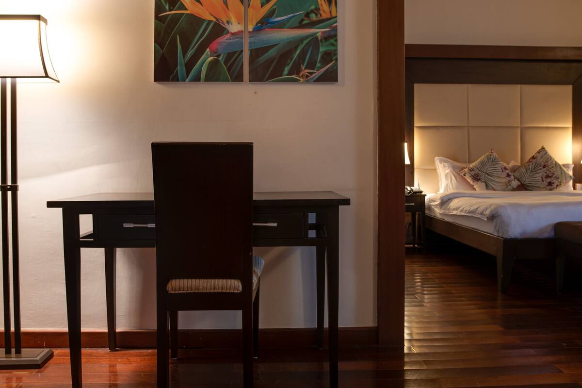 Una habitación con escritorio, silla y cama con almohadas.