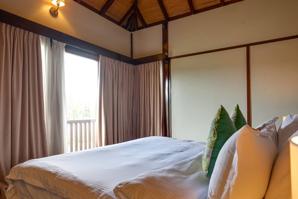 Habitación de hotel con una cama grande, cortinas, ventilador de techo y vistas al exterior.