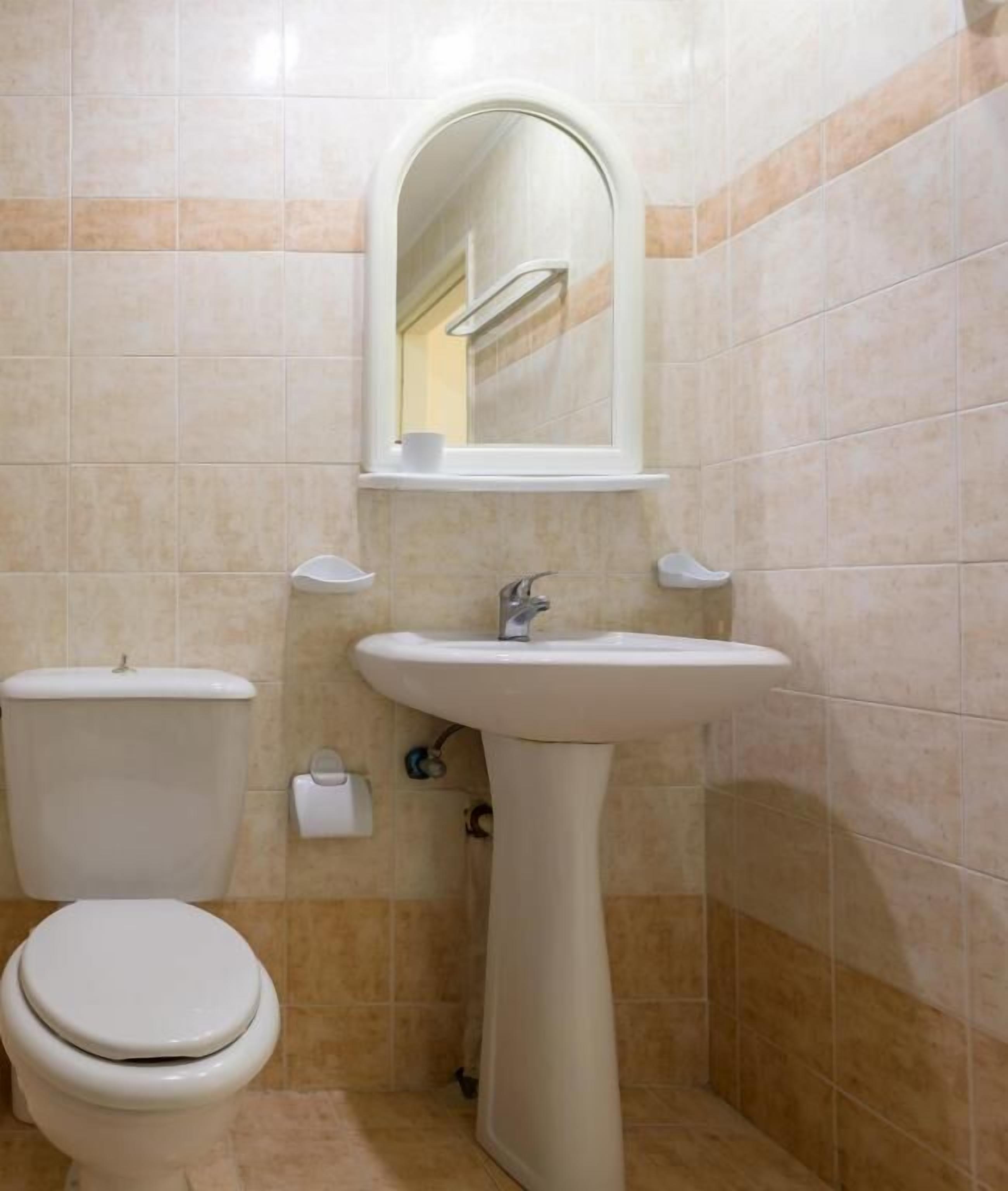 Un baño con inodoro, lavamanos y espejo.