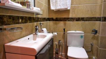 Une salle de bain équipée d’un lavabo, d’un miroir, de toilettes et d’une douche.