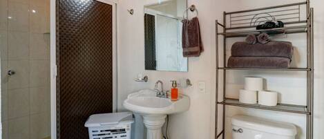 Dusj, hårføner, håndklær og såpe