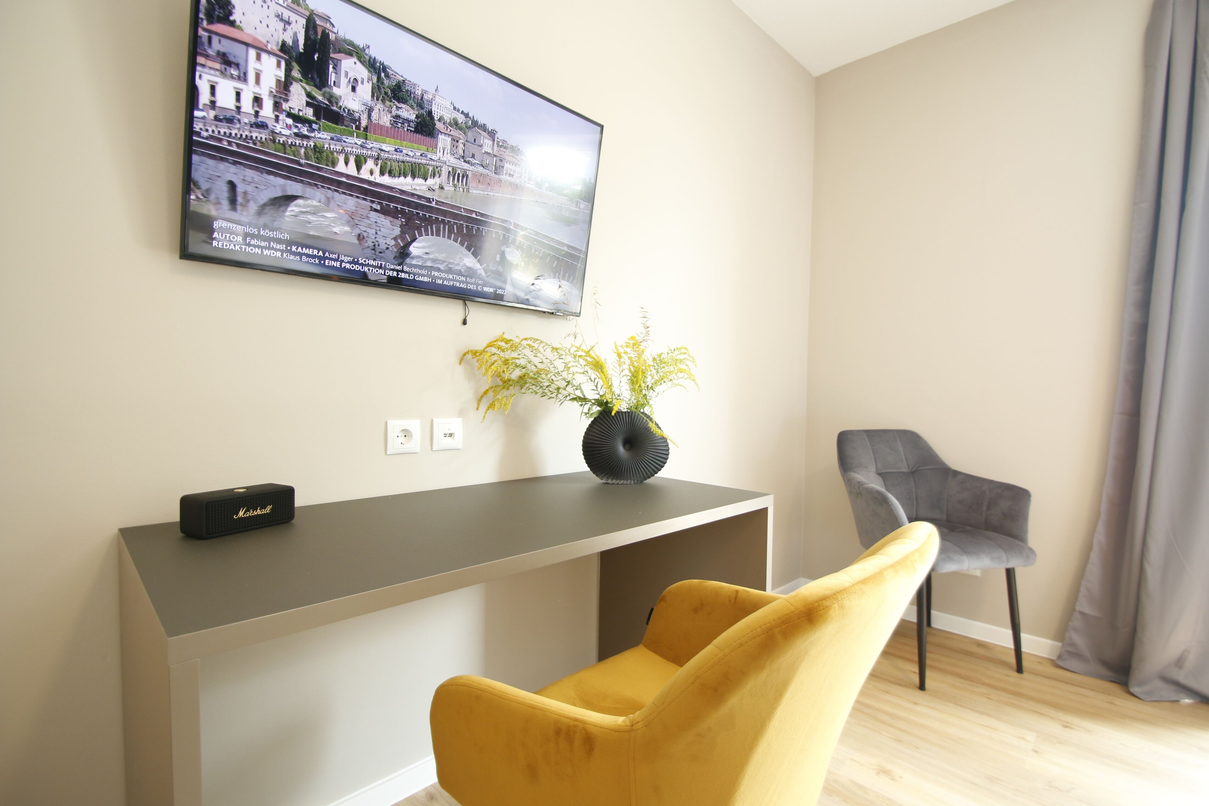 Een moderne woonkamer met een flatscreen televisie aan de muur, een console tafel met een plant, een gele fauteuil en een grijze fauteuil.