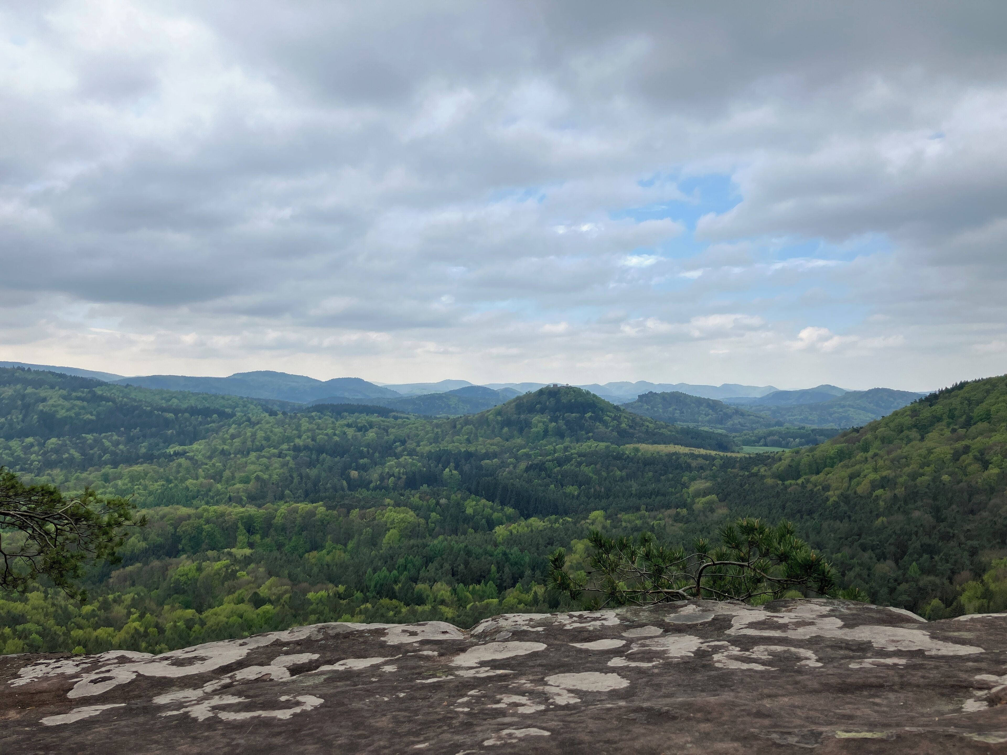 Vista panorâmica de uma paisagem montanhosa com florestas densas e céu nublado.