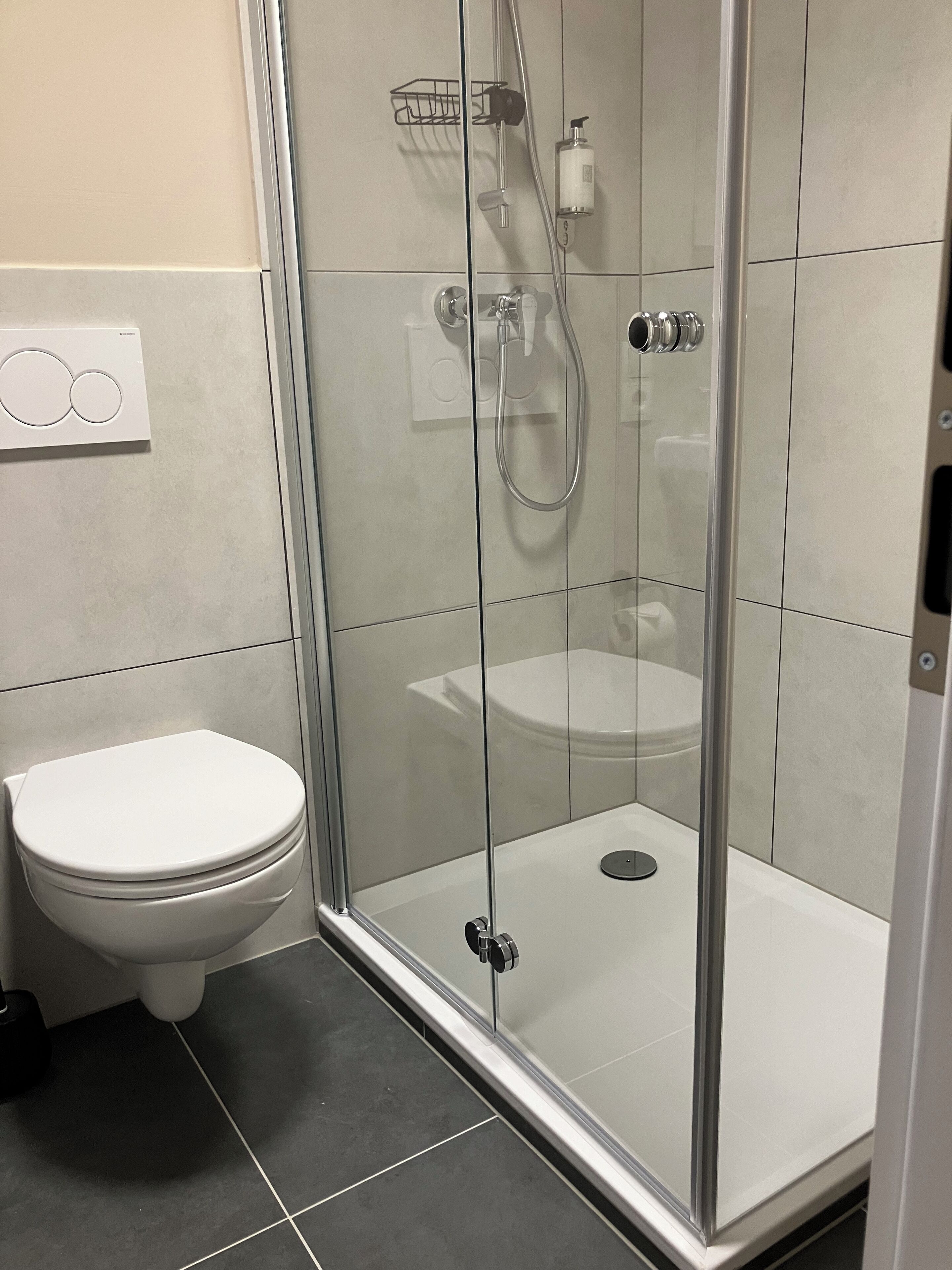 A modern bathroom with a glass-enclosed shower, a white toilet, and a wall-mounted soap dispenser.