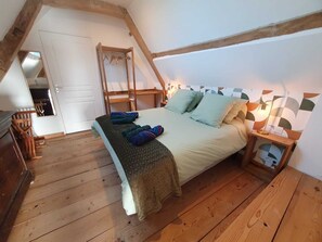 Une chambre avec un lit en mezzanine, un plancher en bois, une petite table de chevet avec une lampe et une échelle en bois.