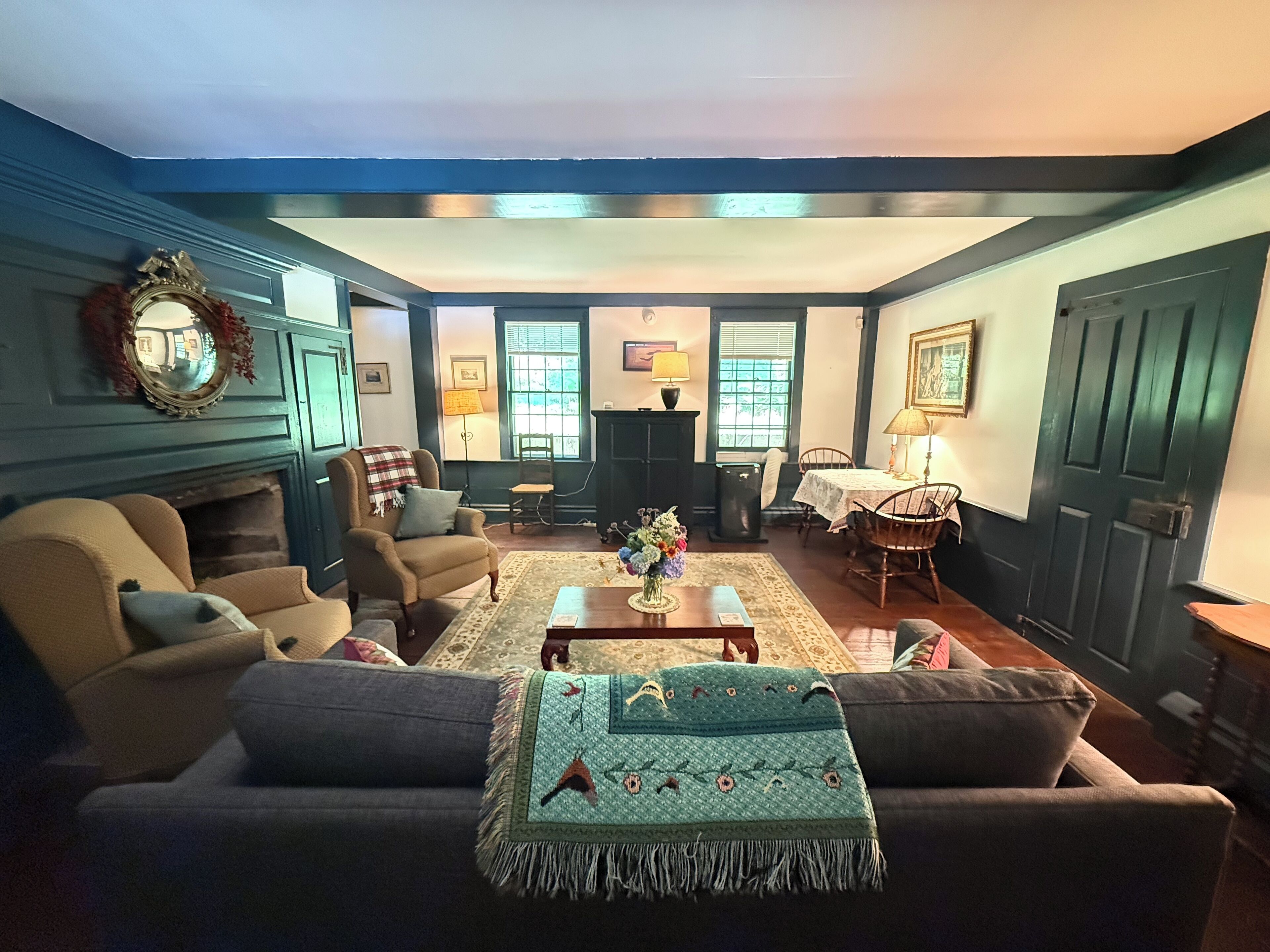 Smart TV, fireplace, books