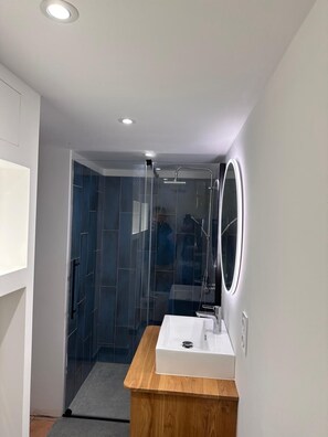 Shower, hair dryer, towels, toilet paper