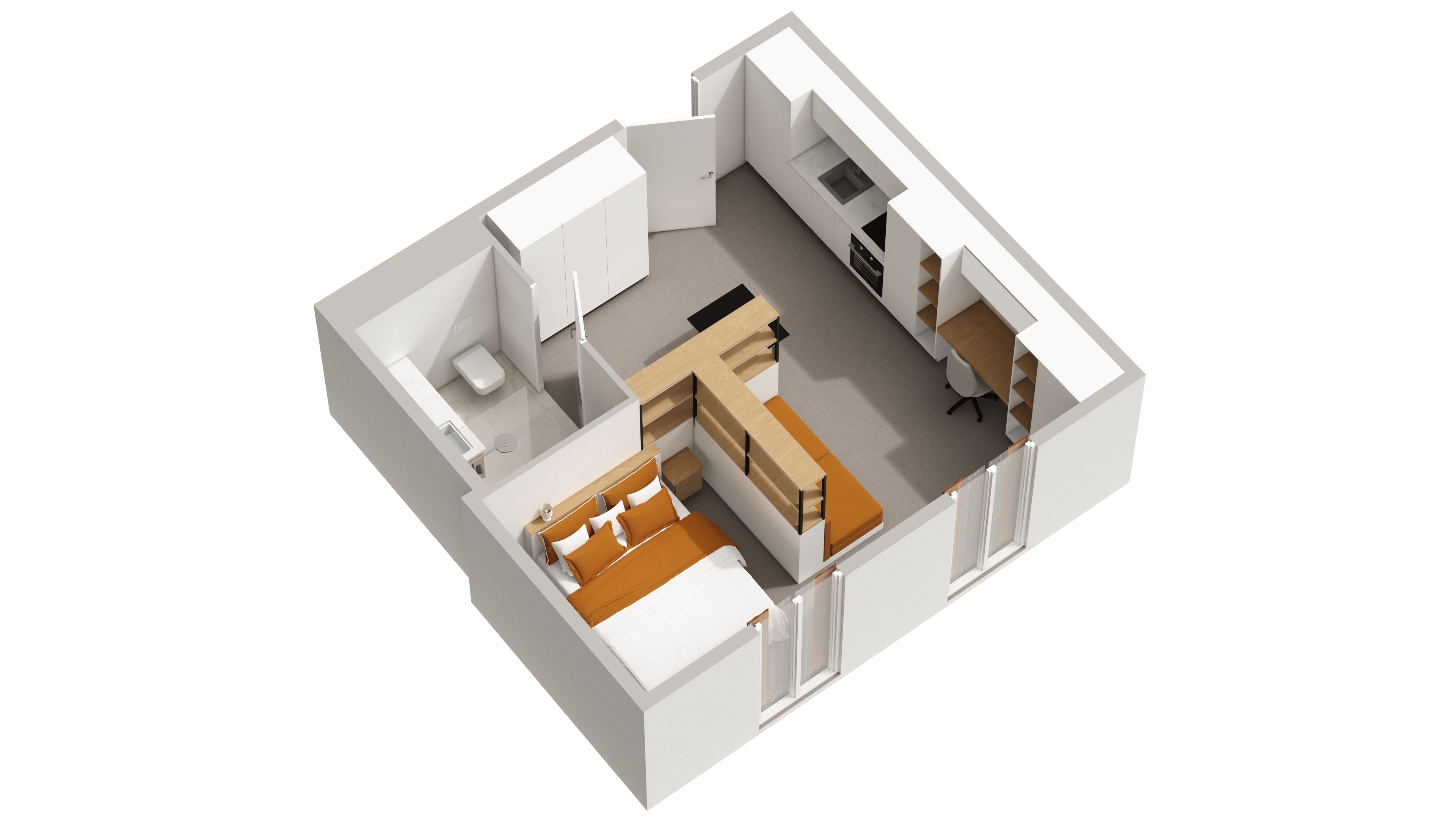 Plano de planta en 3D de un apartamento moderno, con cocina, comedor, sala de estar y un dormitorio.