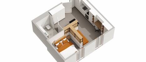 Plano de planta en 3D de un apartamento moderno, con cocina, comedor, sala de estar y un dormitorio.