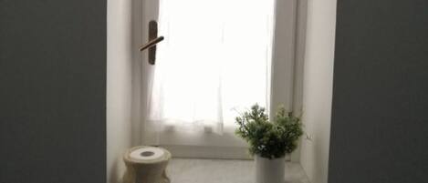 Une petite fenêtre en arc surmontée d’un rideau blanc, un rouleau de papier toilette et une plante en pot.