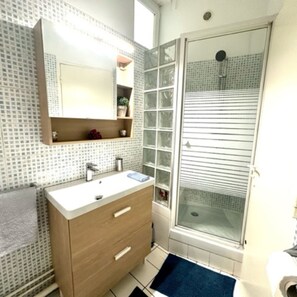 Douche, sèche-cheveux, serviettes fournies, papier toilette