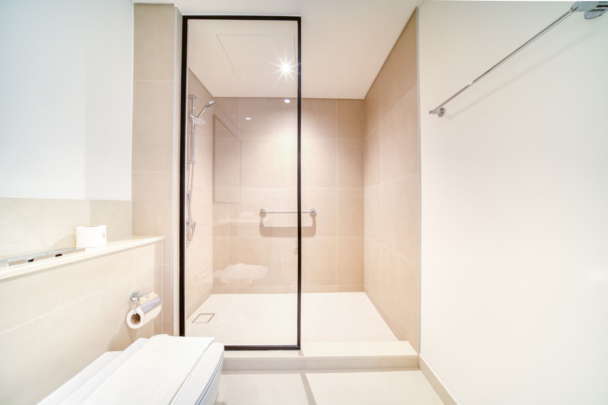 A modern bathroom with a glass-enclosed shower, a toilet paper holder, and a towel rack.