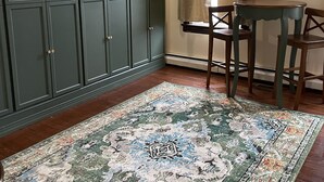 A room with a large green cabinet, a small table with two chairs, and a patterned rug on the floor.