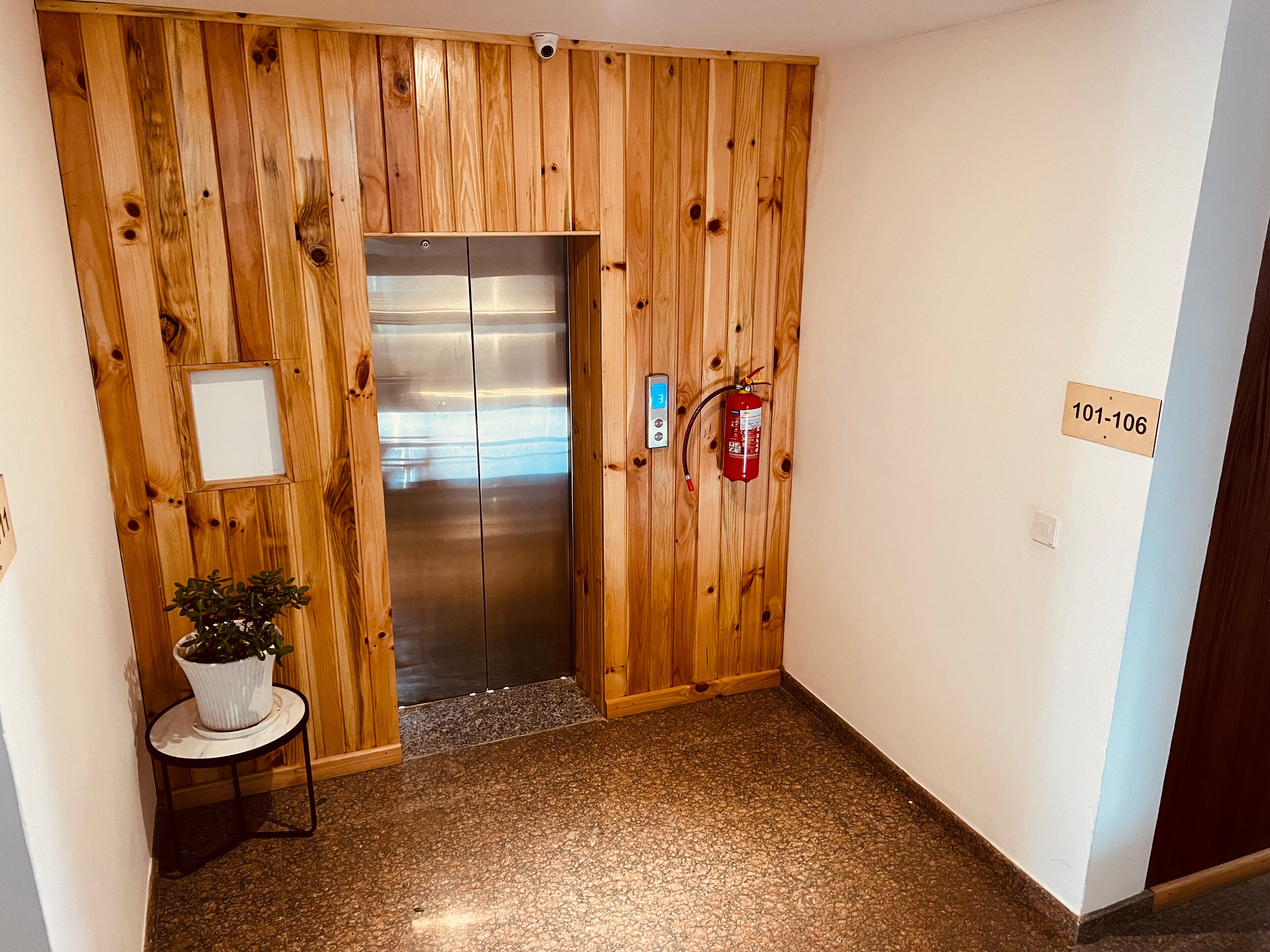 Eine Holzwand-Elevator-Tür mit einem Feuerlöscher und einer kleinen Topfpflanze daneben.