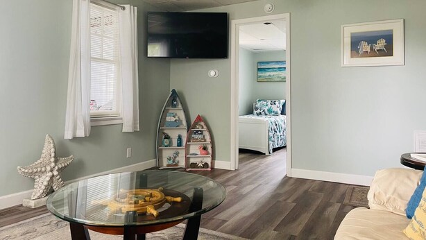 Sala de estar com mesa de vidro, ventilador de teto, televisão, decoração com estrela-do-mar e estante de livros.