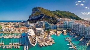 A coastal cityscape with a prominent cliff, marina with numerous boats, and modern high-rise buildings.