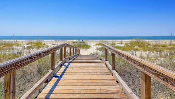 A wooden boardwalk leading to a beach with dunes and a clear sky.