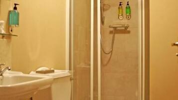 Shower, towels, toilet paper