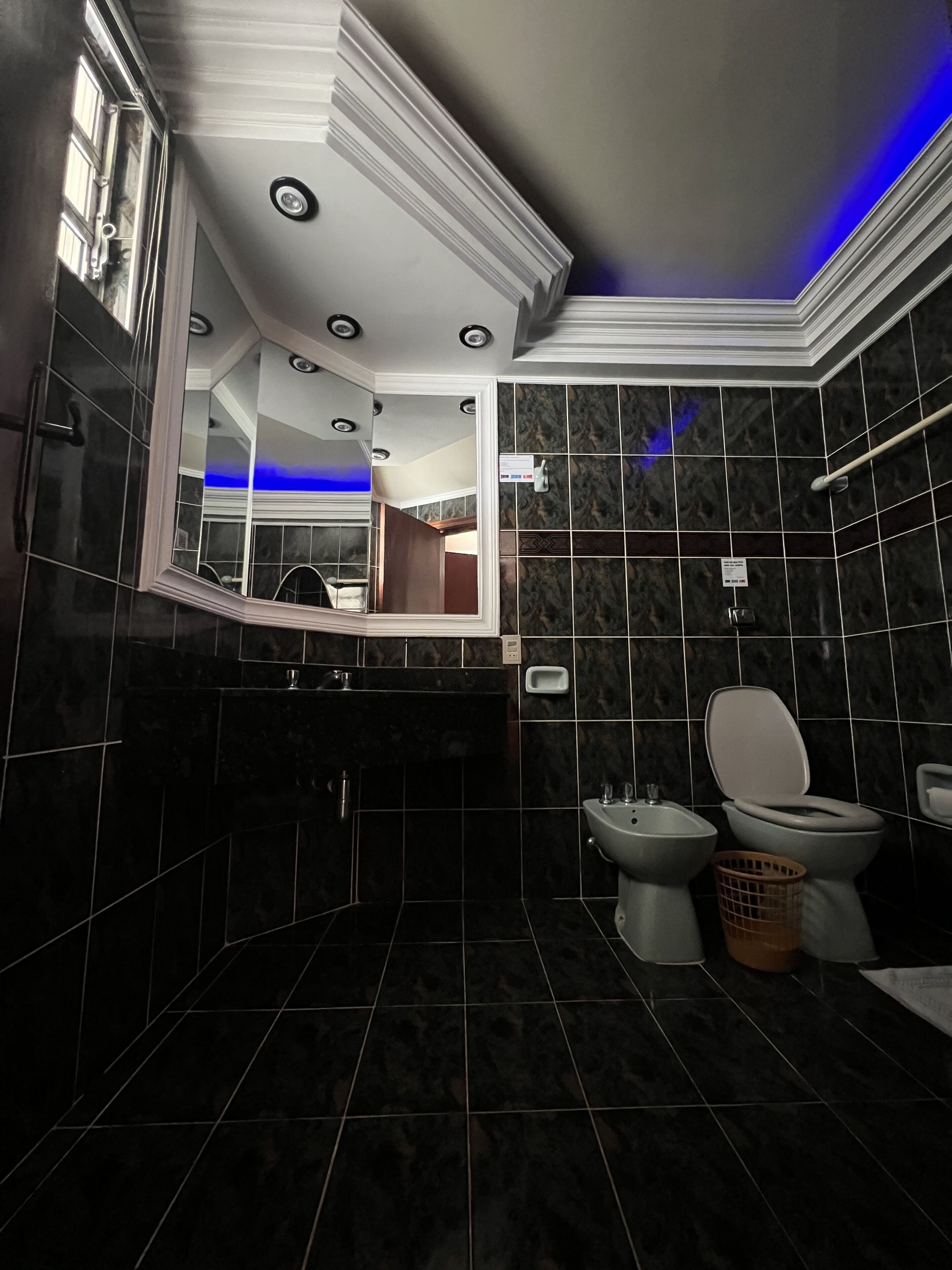 Une salle de bain moderne avec des carreaux de couleur foncée, un bidet, des toilettes et un miroir.