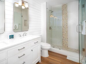 Hair dryer, towels, soap, toilet paper