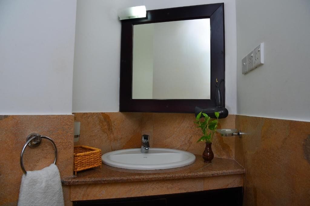 A bathroom with a white sink, a dark-framed mirror, a towel ring, a small wicker basket, and a potted plant.
