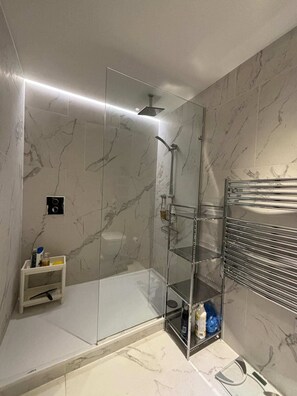 Basic-Apartment, 1 King-Bett und Schlafsofa | Badezimmer | Dusche, Handtücher, Seife, Shampoo