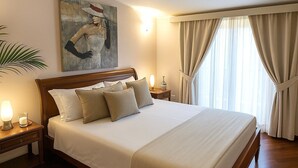A hotel room with a large bed, a nightstand with a lamp, a painting on the wall, and a window with curtains. - Geranium | 2 bedroom, 2 bath, penthouse near the sea (Anastasi III)
