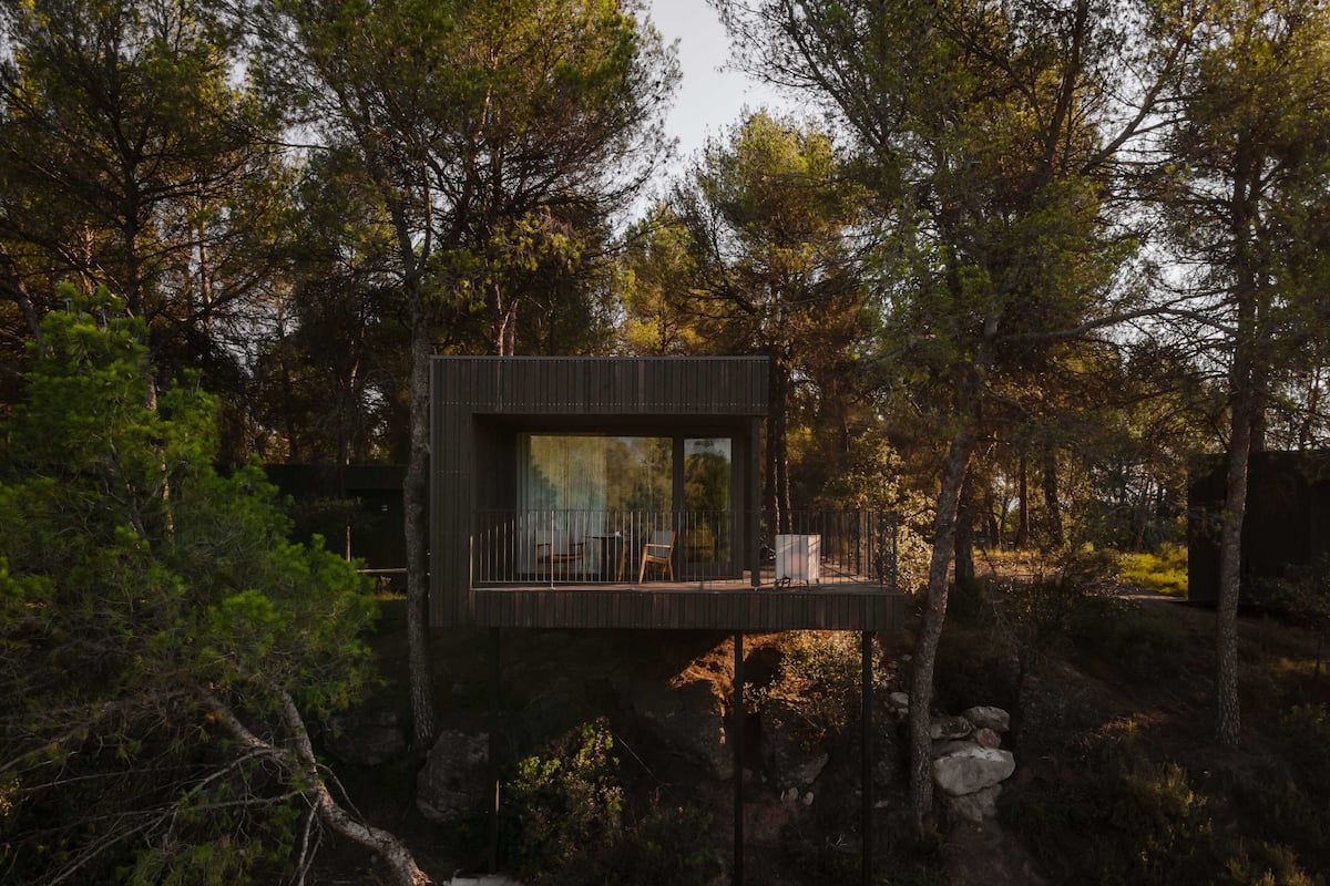 Een moderne houten chalet met een terras, omringd door bomen en rotsen.