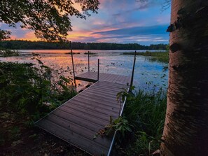 Une jetée en bois s’étendant sur une étendue d’eau calme, entourée d’une végétation luxuriante et bordée, sur la droite, par le tronc d’un arbre.