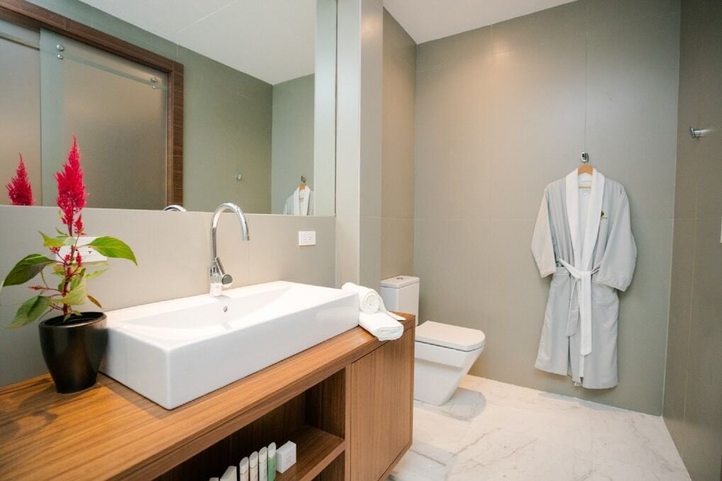 A modern bathroom with a white sink, wooden vanity, a potted plant, a toilet, and a robe hanging on the wall.