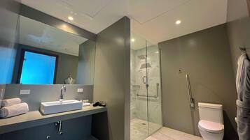 A modern bathroom with a glass-enclosed shower, a toilet, and a vanity with a sink and towel rack.
