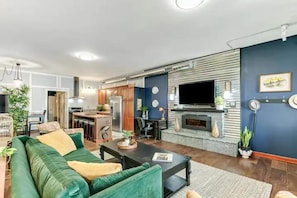 Smart TV, fireplace, books