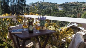 Una mesa de madera con una botella de cerveza, un vaso de cerveza y un libro en un balcón con vistas a un paisaje montañoso.
