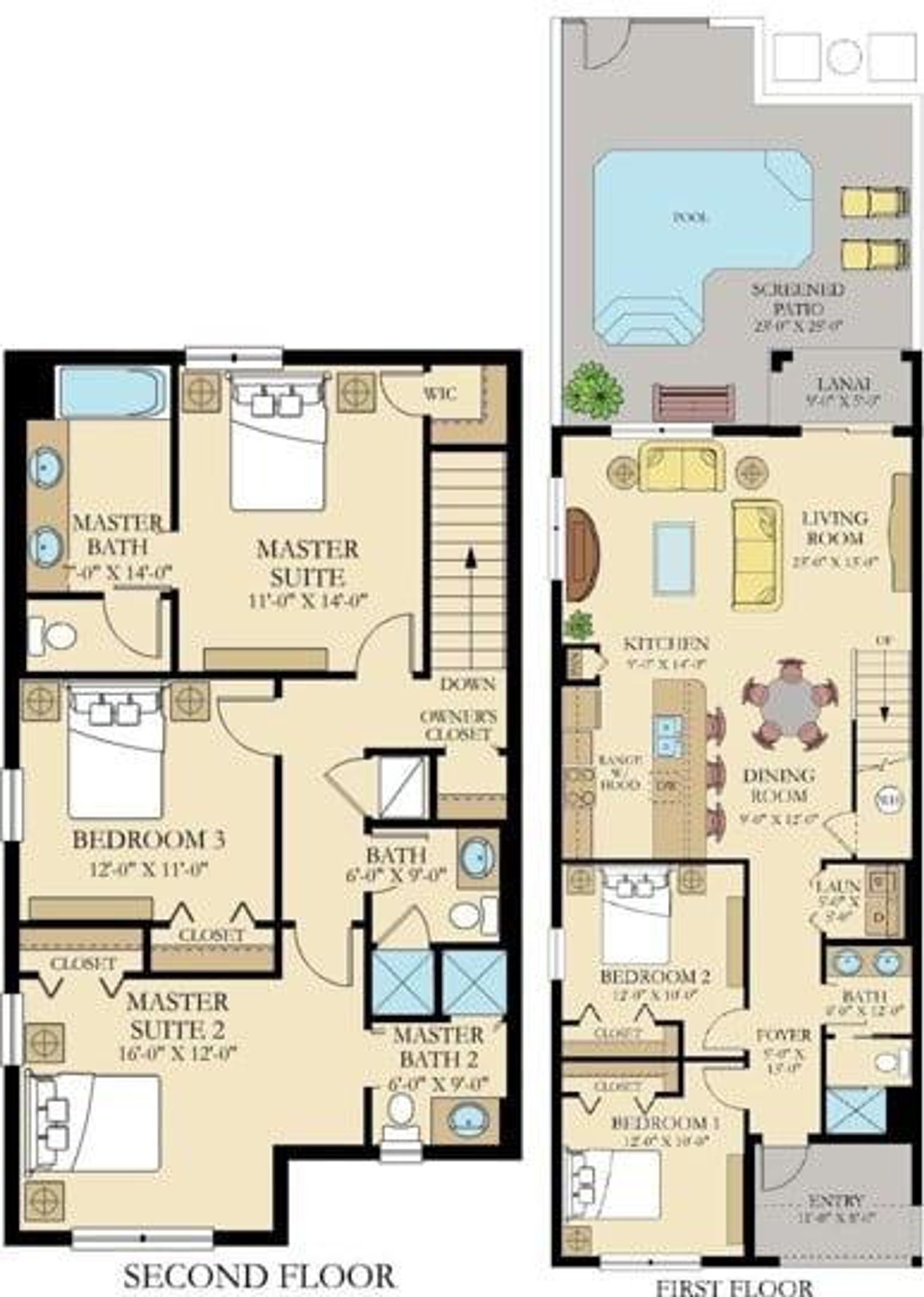 Un plan d’étage d’hôtel comprenant deux niveaux, avec des suites de luxe, des chambres, un coin repas et une terrasse couverte.