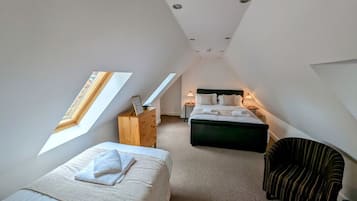 A modern, well-lit attic bedroom with a skylight, two beds, a chair, and a bedside table.