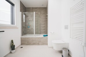 A modern bathroom with a glass-enclosed shower, a toilet, and a small potted plant.
