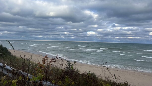 A beach with waves and overcast sky.