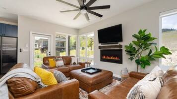 TV, fireplace, books