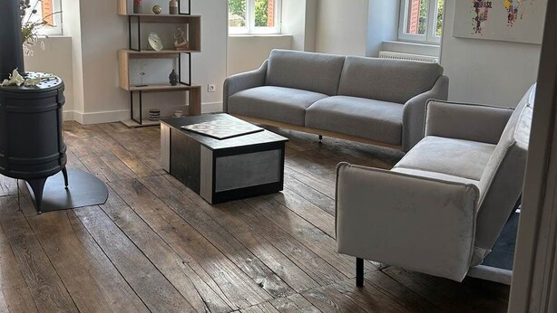 A modern living room with a grey sofa, a coffee table, and a bookshelf. - The winged angels (MARCILLAC LA CROISILLE)