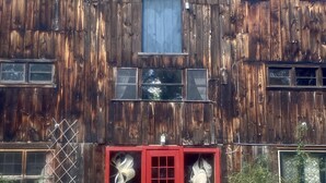 Une grange rustique en bois, avec une porte rouge, de nombreuses fenêtres et une petite fenêtre au-dessus de la porte.