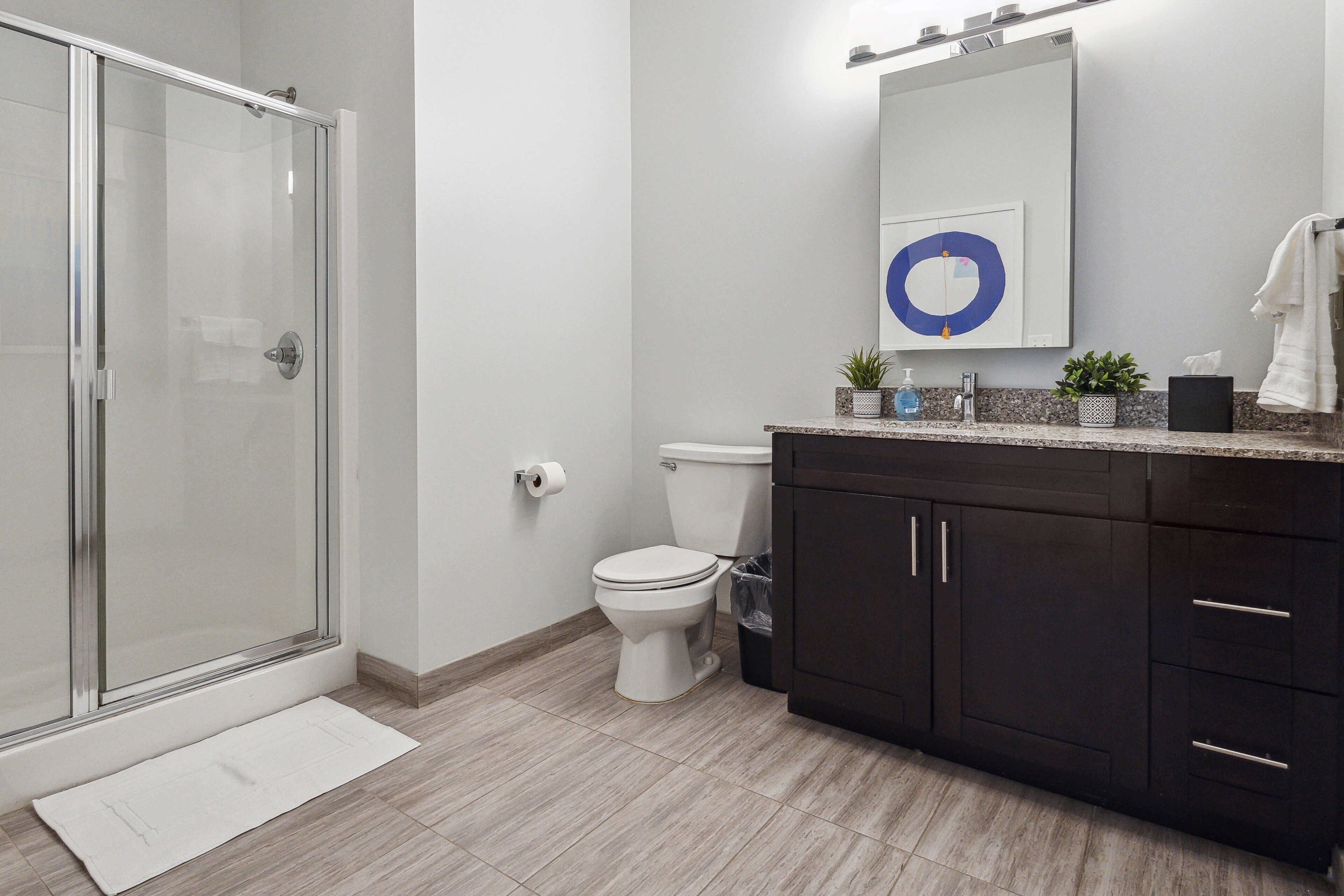 A modern bathroom with a glass shower enclosure, a toilet, dark cabinets, and a countertop with plants and a soap dispenser.