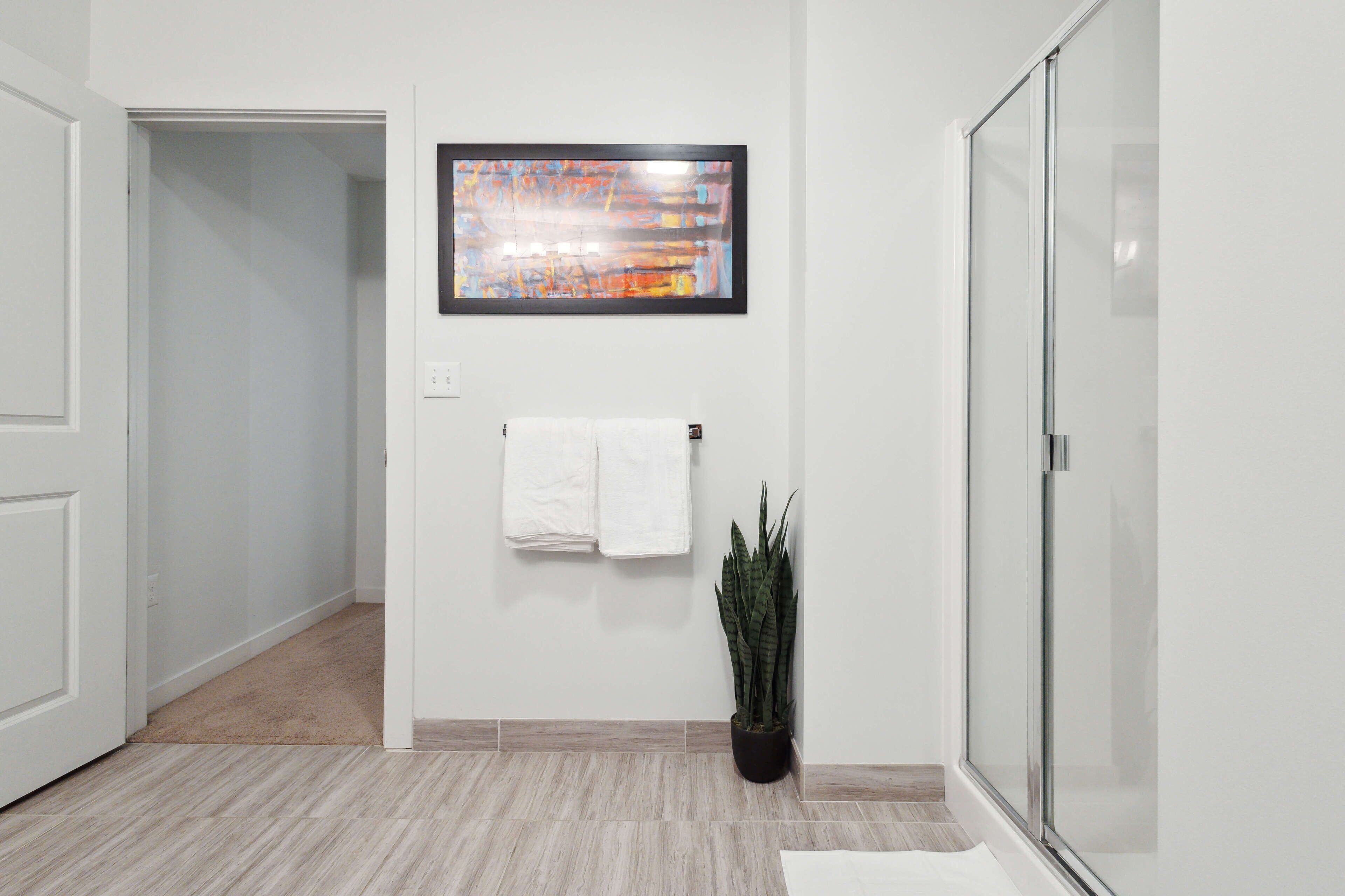 Un baño moderno con ducha, un cuadro abstracto enmarco, una planta en maceta y un perchero para toallas.