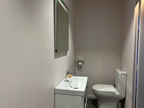 A small, narrow bathroom with a white sink, a mirror, and a toilet. - Valletta (MARCILLAC LA CROISILLE)