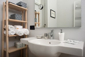 Shower, hair dryer, bidet, towels