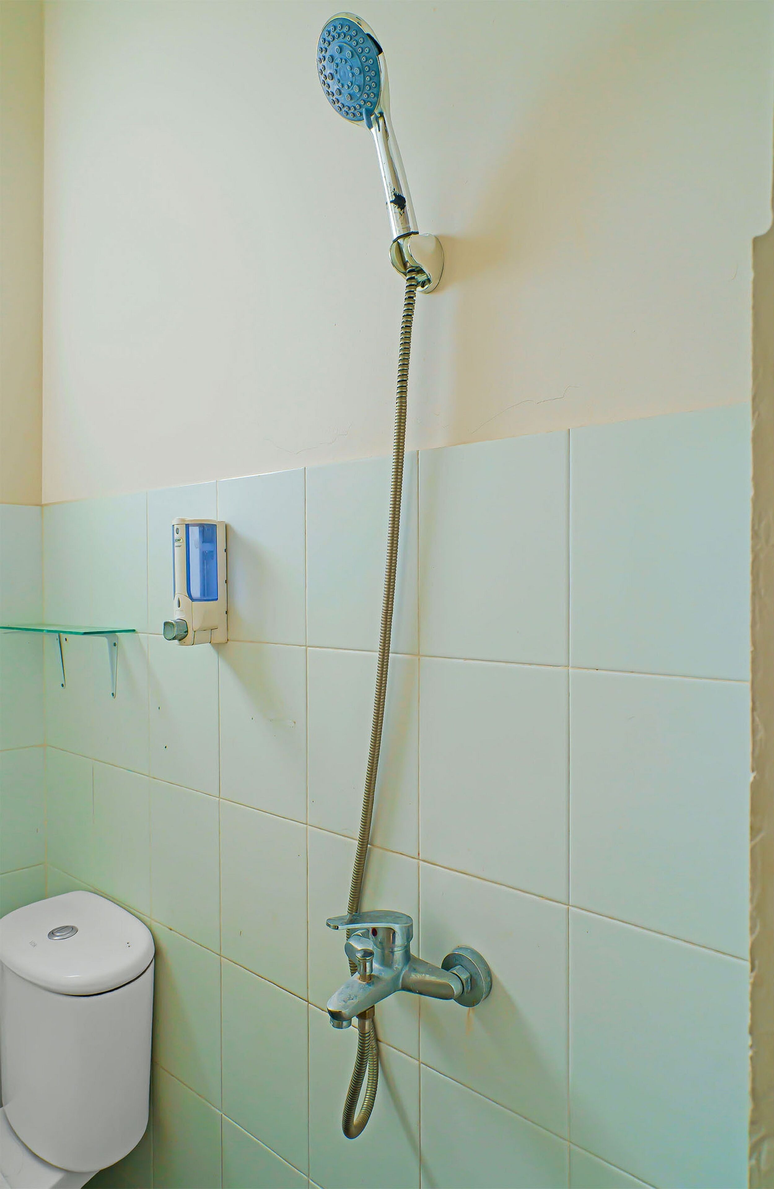 Ein Badezimmer mit Dusche, Toilette und einer Seifenspender an der Wand.